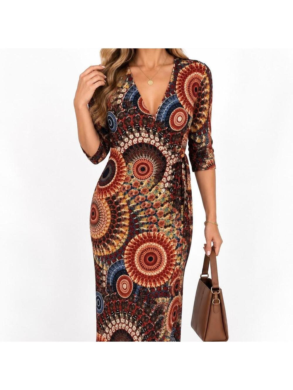 Boho Artsy Eclectic 70s Mandala Brown Statement Dress NWT | Connected Apparel 6P
